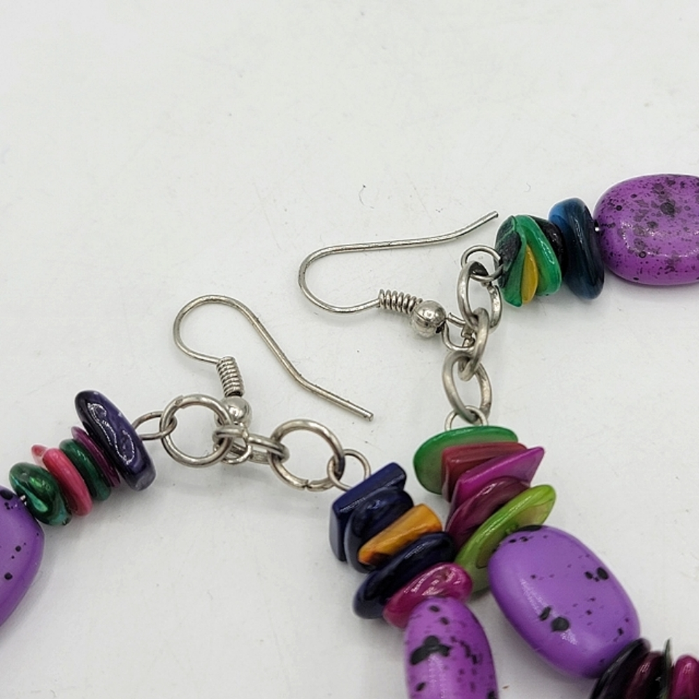 Beaded Multicolor French Hook Dangle Hoop Earrings Boho 90s Vintage - Picture 5 of 7